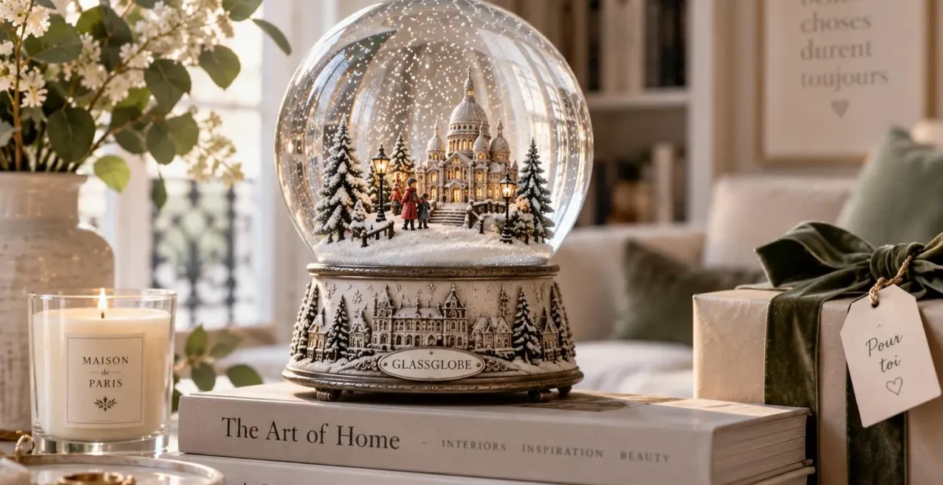 Elegante Schneekugel mit detailreicher Winterlandschaft als hochwertige Geschenkidee und dekoratives Wohnaccessoire.