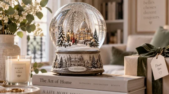 Elegante Schneekugel mit detailreicher Winterlandschaft als hochwertige Geschenkidee und dekoratives Wohnaccessoire.